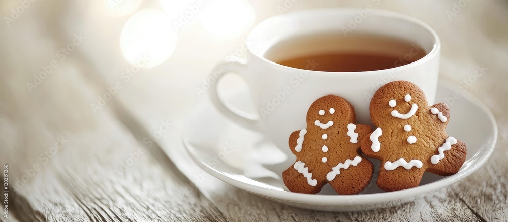 Poster gingerbread cookies beside a cup of tea on a wooden table with soft lighting and copy space for text
