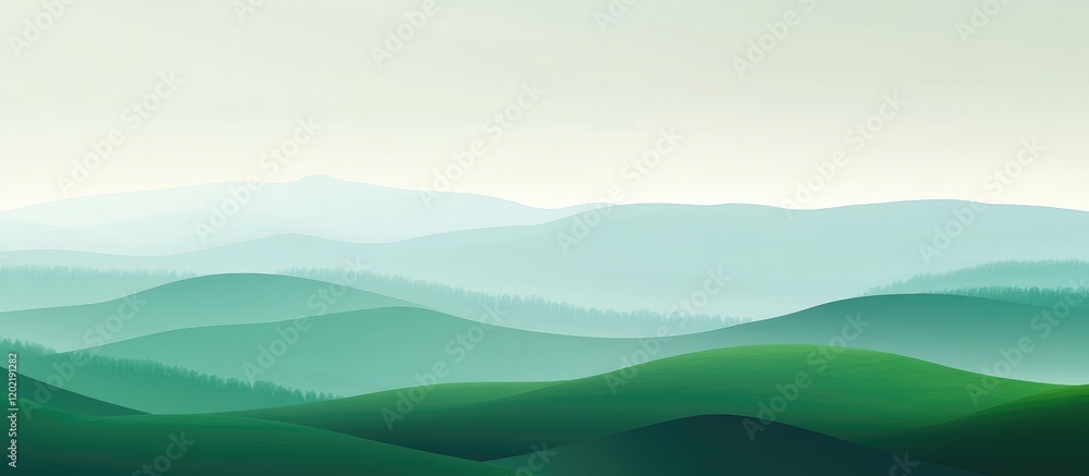 Poster abstract landscape of rolling green hills and gentle slopes under a soft sky with copy space for tex
