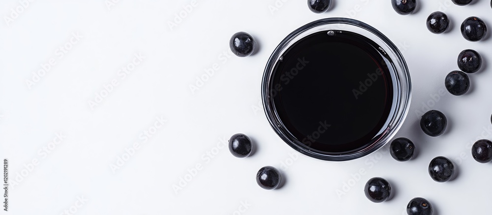 Poster black currant juice in a glass jar surrounded by fresh black currants on a light background with cop