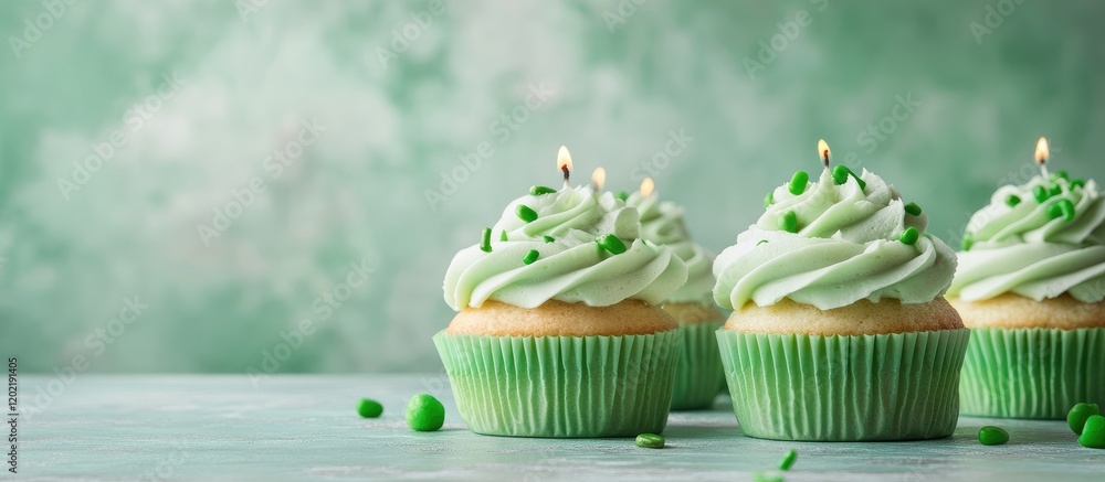 Aufkleber Freshly decorated green cupcakes with frosting and sprinkles on a pastel background with Copy Space for text placement.