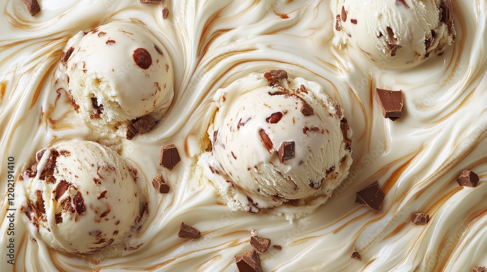 Aufkleber Vanilla ice cream scoops with chocolate chunks on a swirl of creamy texture and sauce background Copy Space