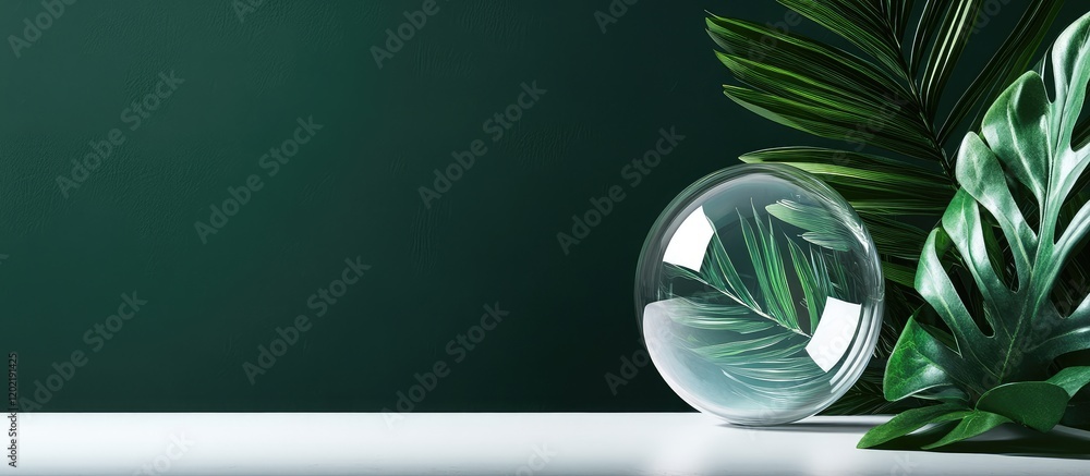 Poster glass sphere reflecting tropical leaves on green background with copy space for text.