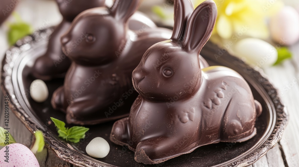 Poster chocolate bunny figurines on a silver platter surrounded by colorful candy eggs with copy space for 