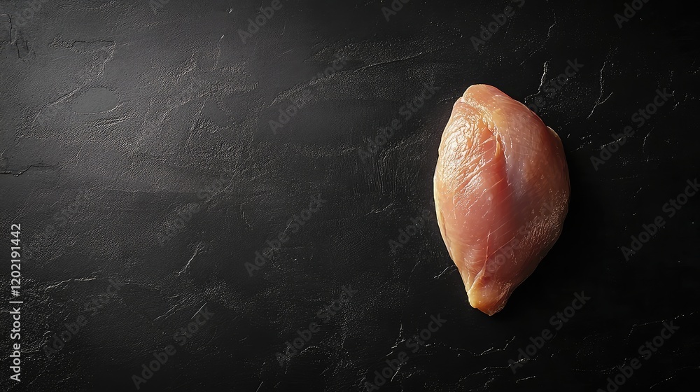 Poster raw chicken breast isolated on dark textured background with copy space for text or design elements.