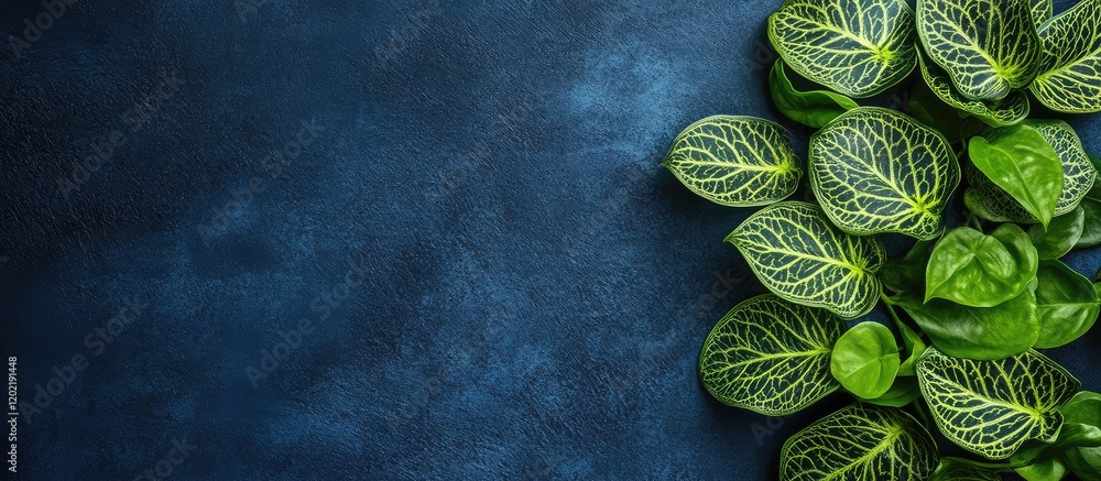 Aufkleber tropical green leaves on dark blue textured background with ample copy space for text or design elem
