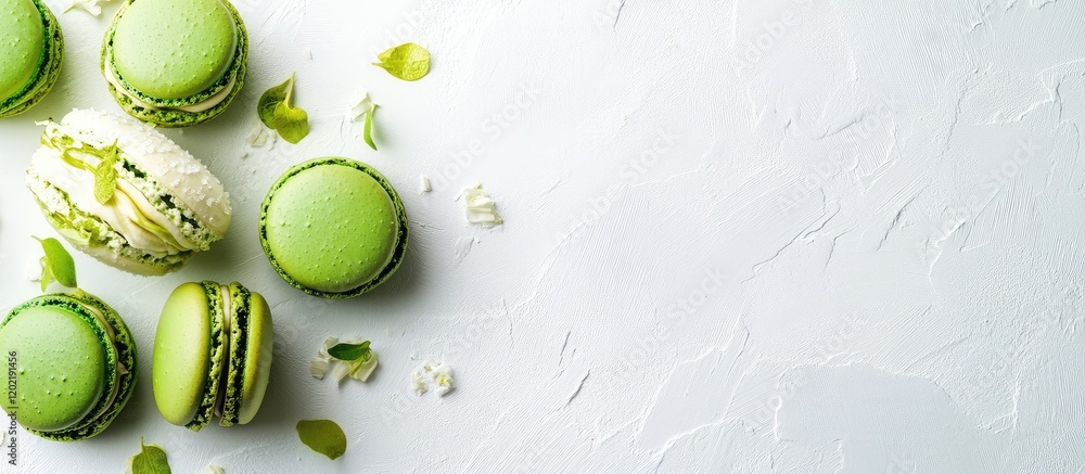 Poster Green macarons with pistachio filling arranged on a textured light background with copy space.