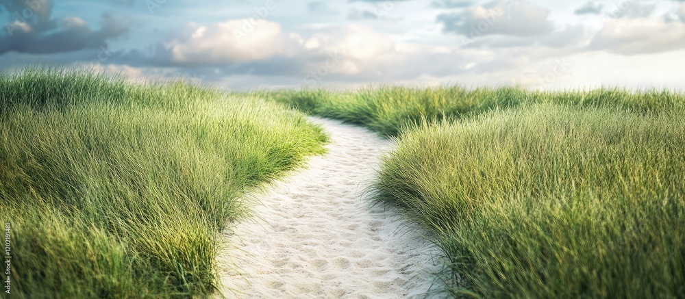 Poster sandy path through lush green grass under cloudy sky with copy space for text