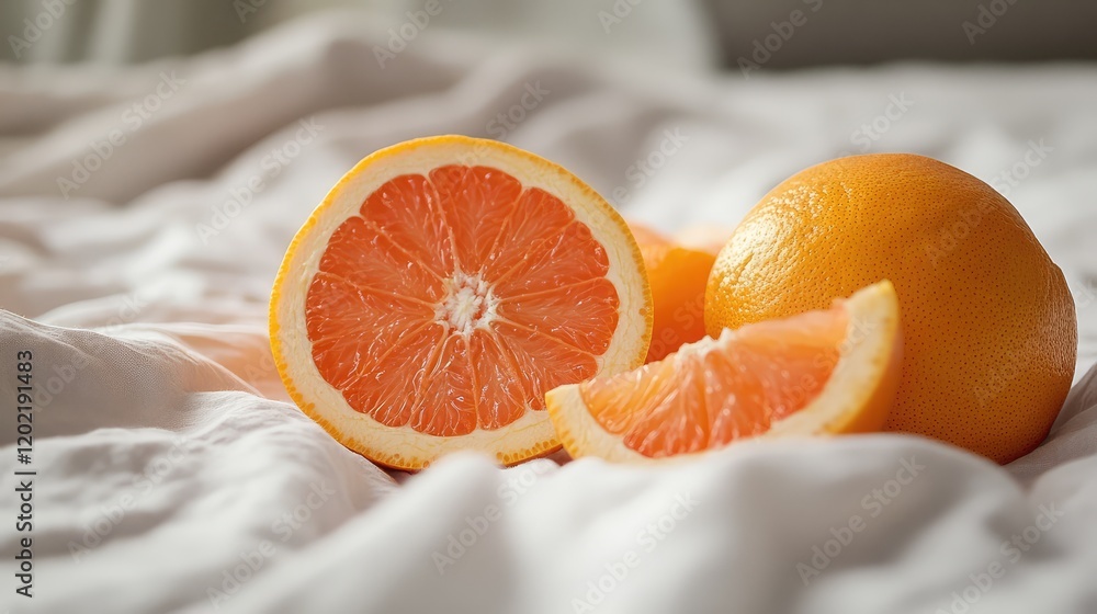 Poster freshly sliced oranges on a textured white bedding with copy space for text placement.