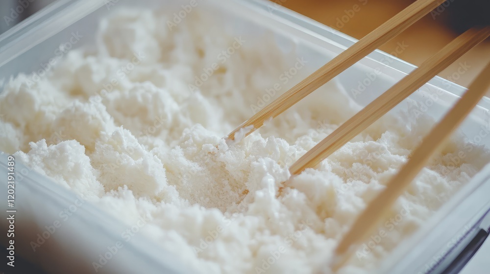 Poster White granular substance in a transparent container with wooden chopsticks for scooping, displaying texture and Copy Space around edges.