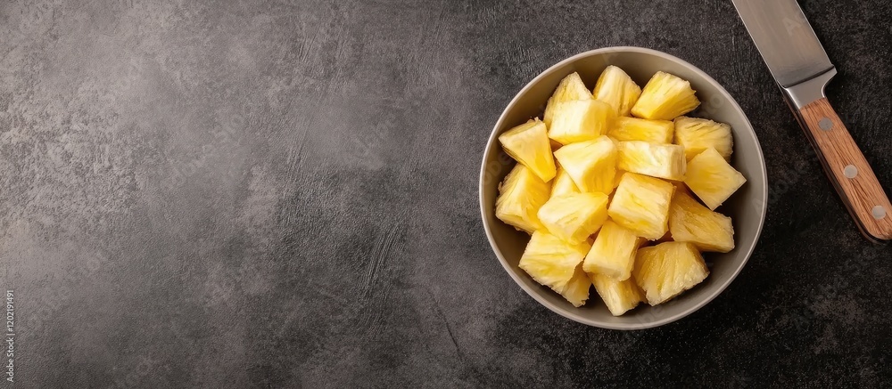 Aufkleber freshly cut pineapple pieces in a gray bowl on a dark stone surface with a knife and ample copy spac