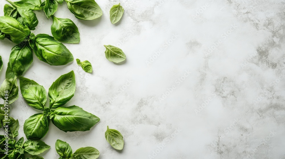 Poster fresh basil leaves on a marble background with copy space for text placement. high-quality close-up 
