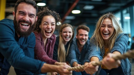 Business professionals in a modern office engaged in a tug of war challenge, laughing and bonding during a team-building exercise