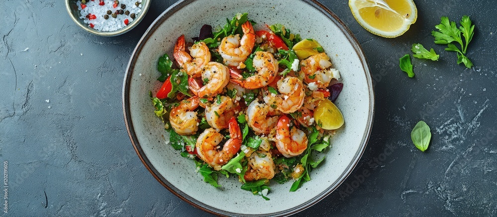 Aufkleber shrimp dish served in a bowl with fresh vegetables and lemon wedges on a dark surface copy space