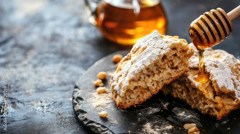 Poster baked goods with honey drizzle on a black stone plate with pine nuts and honey jar in background cop