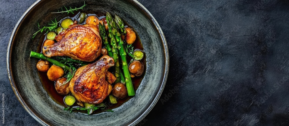 Poster roasted chicken thighs with asparagus and root vegetables in a rustic bowl on dark background with c