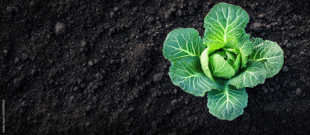 Poster fresh green cabbage on dark soil background with ample copy space for text. organic vegetable cultiv