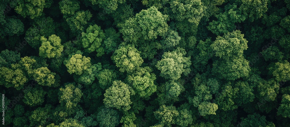 Poster aerial view of dense green forest canopy with various shades of foliage and copy space for text plac