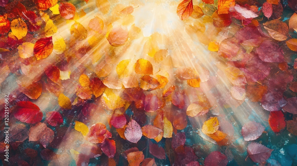 Aufkleber colorful autumn leaves falling with sunlight rays creating a warm glow copy space for text placement