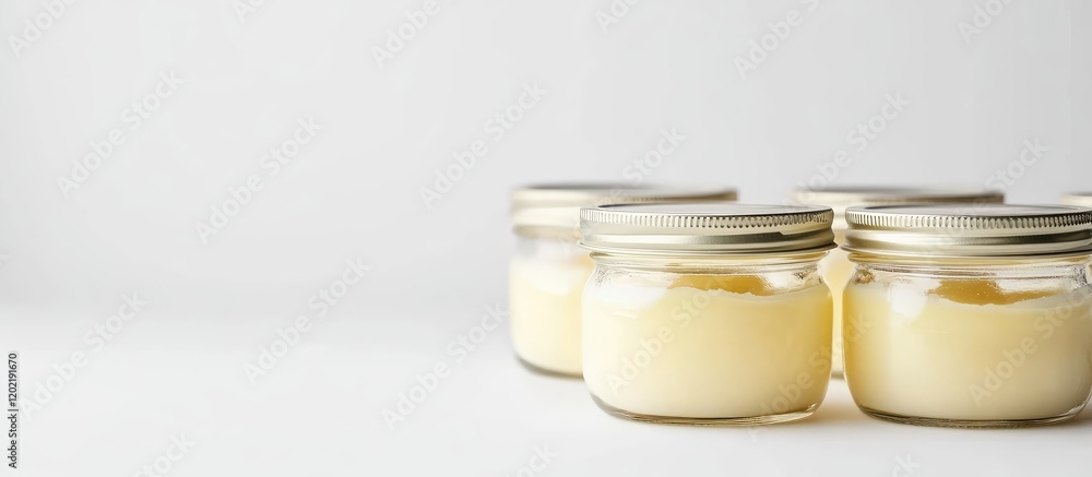 Poster Assorted glass jars of cream or custard on a light background with ample copy space for text placement