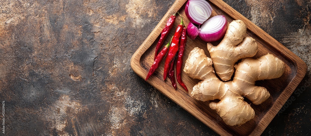 Aufkleber fresh ginger root and red chilies with purple onions on a wooden tray over a textured background wit