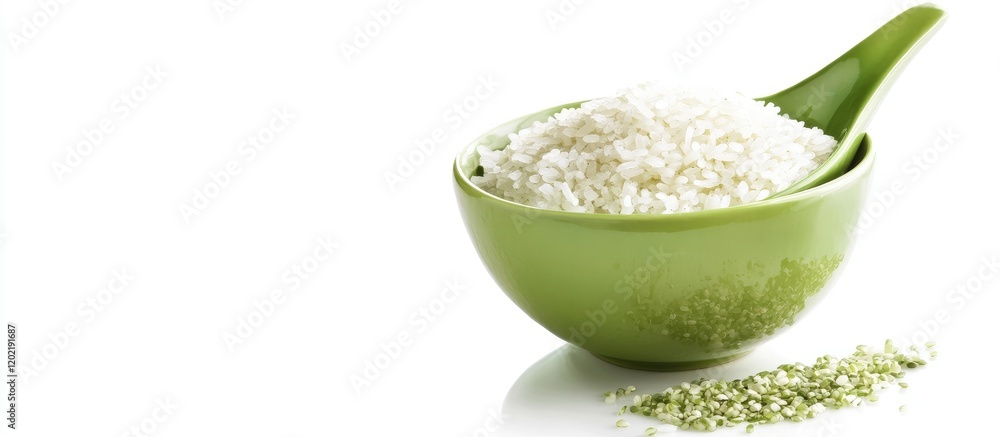 Aufkleber bowl of uncooked white rice on green spoon with copy space for text on white background