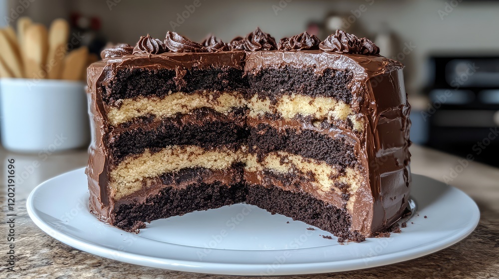 Poster chocolate and vanilla layer cake with chocolate frosting displayed on a white plate with a slice rem