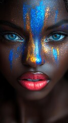 Naklejka premium Stunning portrait of a model adorned with vivid face paint, showcasing the intricate details of art and self-expression illuminated by captivating colors