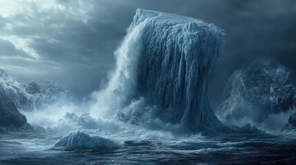 Fototapeta premium Majestic ice formations in stormy ocean waters under dramatic sky with rolling waves and misty atmosphere Copy Space