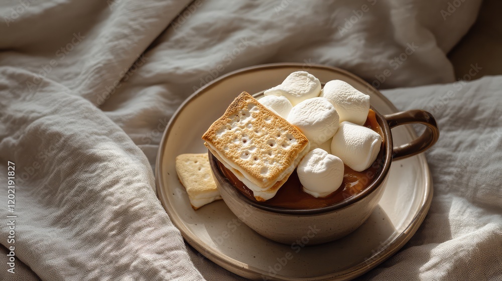 Aufkleber Hot chocolate with marshmallows and graham crackers in a mug on a plate with soft linen fabric background Copy Space