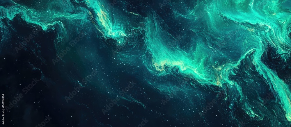 Poster Abstract cosmic background with turquoise and black swirling patterns, space theme with copy space for text insertion.