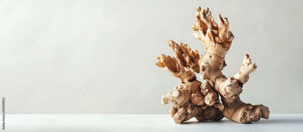Poster Ginger root arrangement on a light surface with copy space for text or graphics