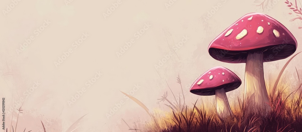 Poster colorful fantasy mushrooms in a grassy field with soft background and ample copy space for text plac
