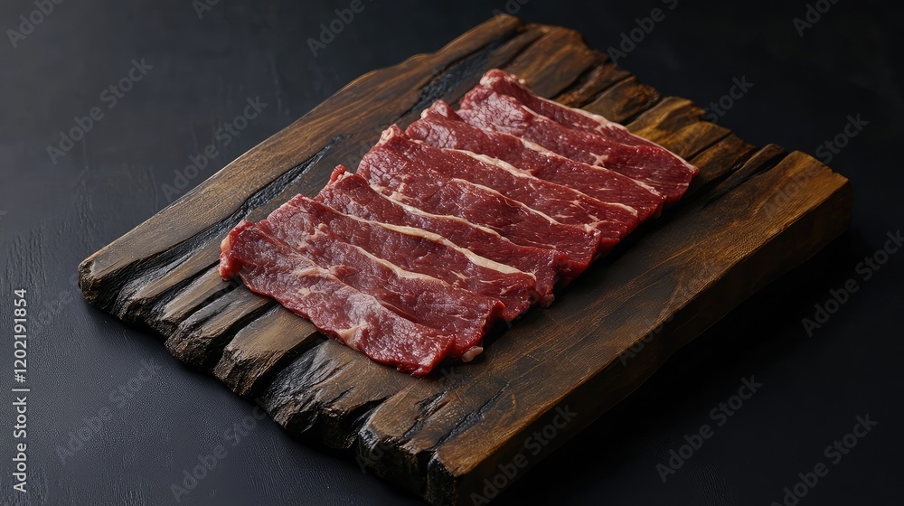 Poster raw sliced beef on a rustic wooden cutting board with dark background and copy space for text