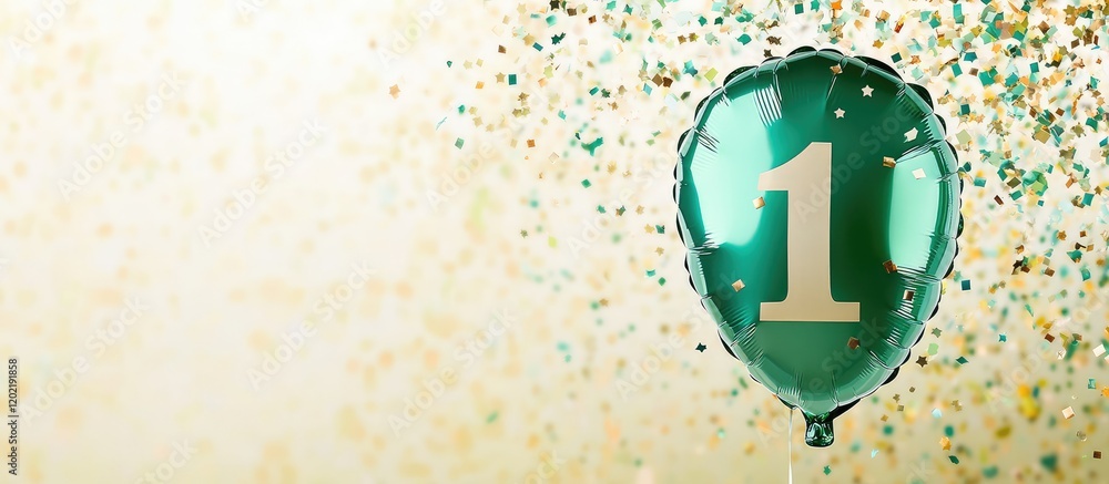 Poster Green balloon with number one on textured background and colorful confetti with copy space on the right side