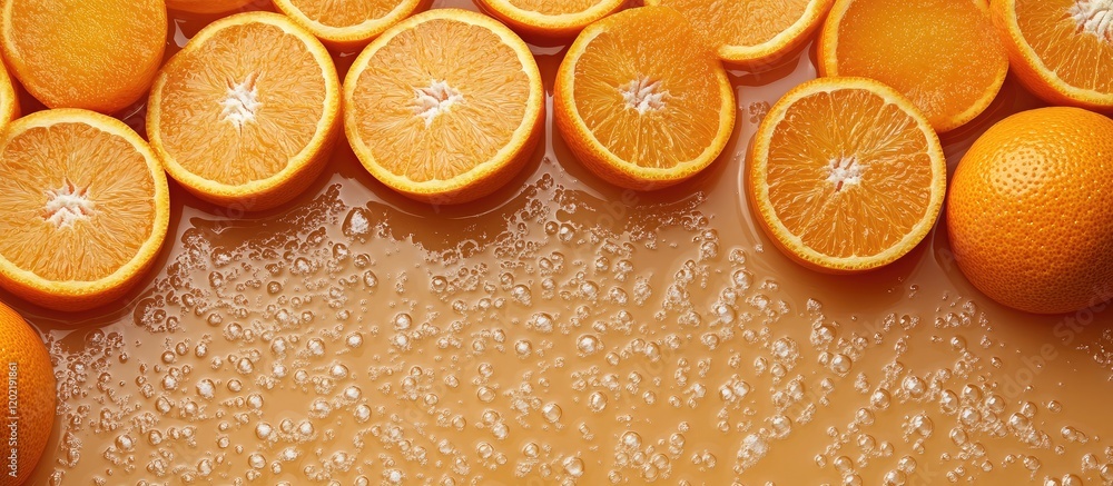 Aufkleber freshly cut orange halves and whole oranges displayed on a wet surface with water droplets and ample