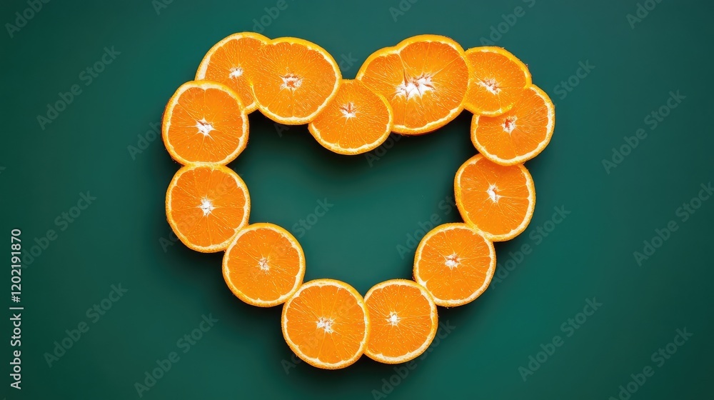Poster sliced oranges arranged in a heart shape on a dark green background with copy space for text.