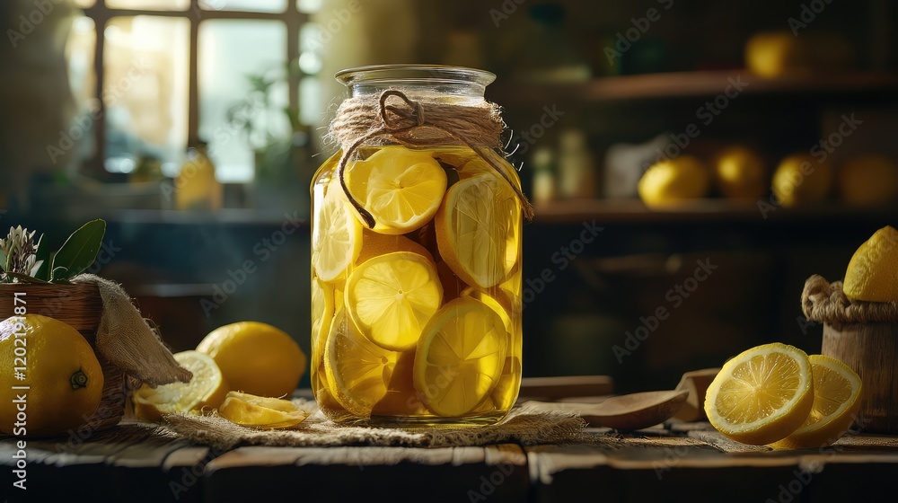 Aufkleber jar of preserved lemons with slices displayed inside, rustic setting with wooden table and natural l
