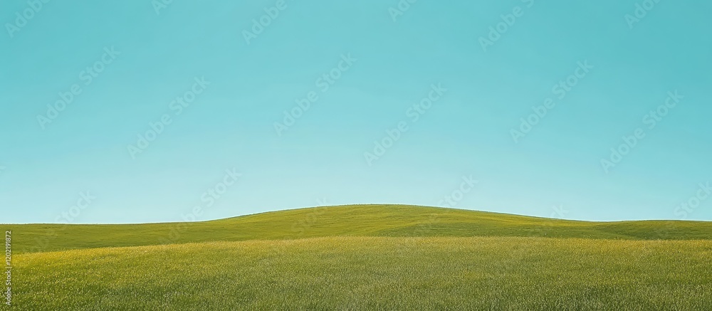 Poster lush green hills under a clear blue sky with ample copy space for text placement.