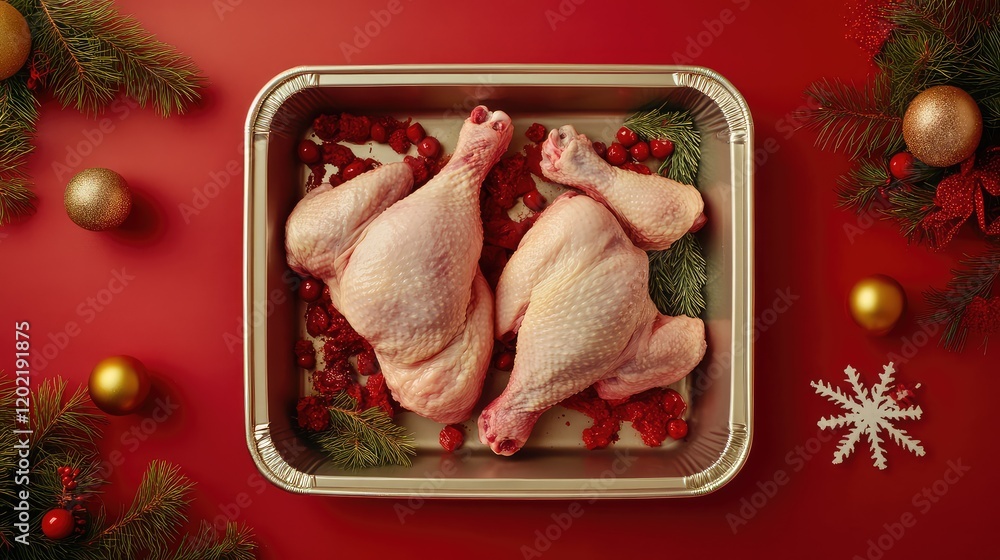 Poster raw chicken drumsticks in a roasting pan with red berries and pine branches on a red background with