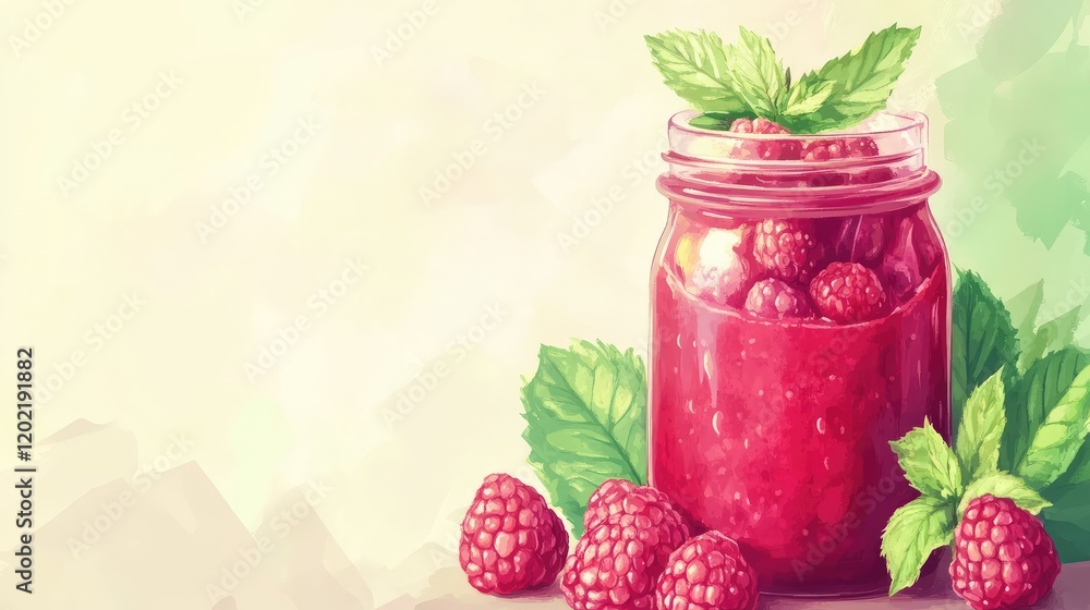 Poster raspberry jam in a jar with fresh raspberries and mint leaves on a light background with ample copy 