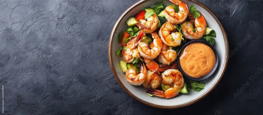 Poster shrimp salad with vinaigrette served on a decorative plate with fresh vegetables and dipping sauce o