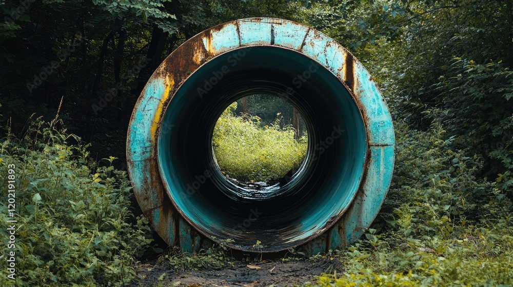 Poster rusty large pipe surrounded by green foliage in a wooded area with copy space for text