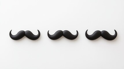 Black mustache-shaped silicone or rubber figurines arranged on a white background with Copy Space.