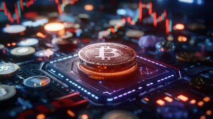 detailed representation of digital currencies with focus on Bitcoin, showcasing vibrant colors and intricate designs. image captures essence of modern finance and technology