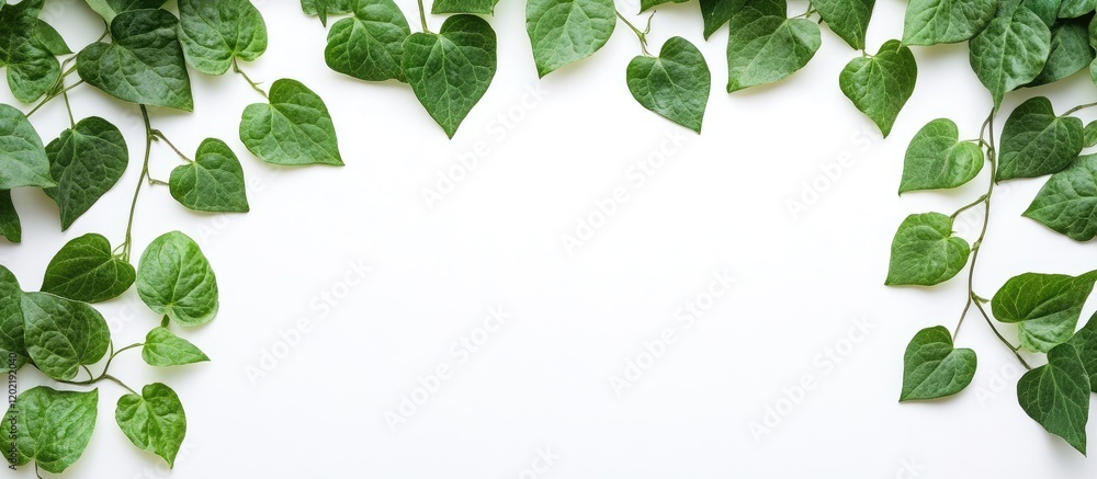 Poster green heart-shaped leaves arranged on a white background with ample copy space for text insertion.