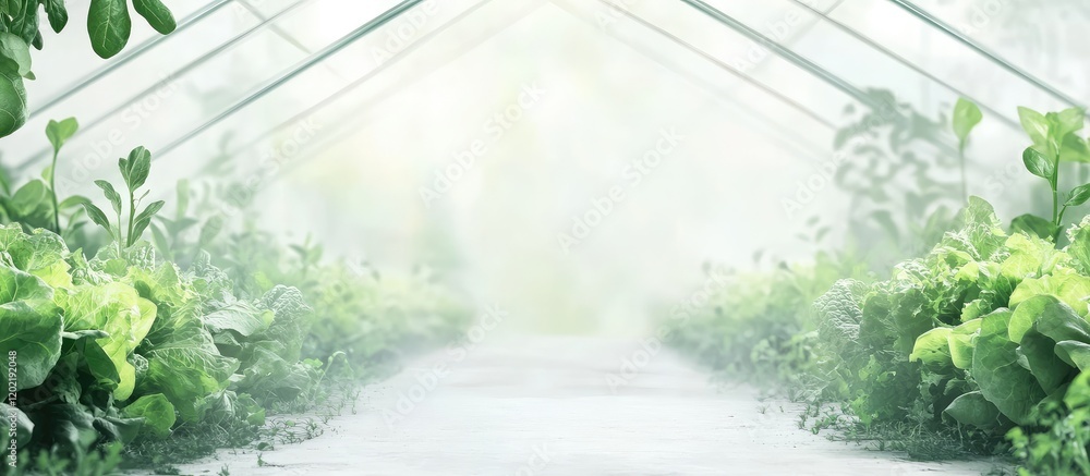 Aufkleber greenhouse interior with lush plants and mist for freshness and tranquility, featuring ample copy sp