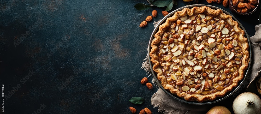 Poster almond pie in a rustic setting with nuts and copy space for text placement on a dark background