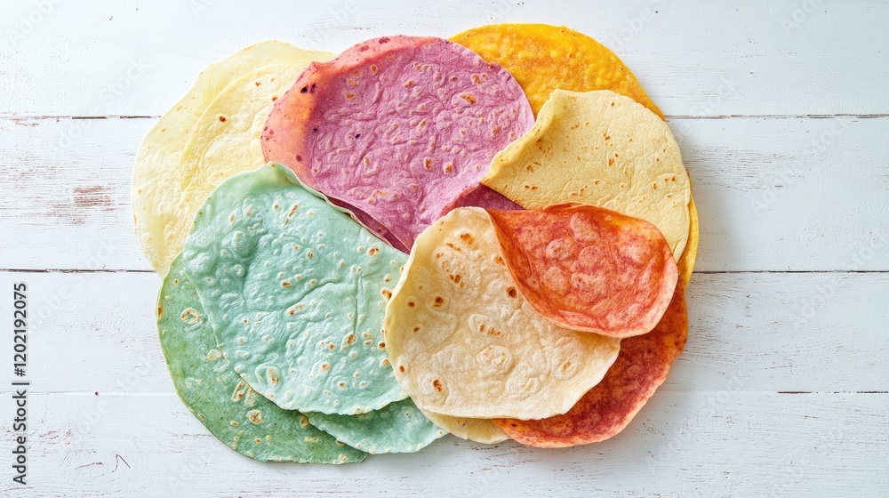 Poster Assorted colorful tortilla chips arranged in a circular pattern on a wooden surface with Copy Space for text.