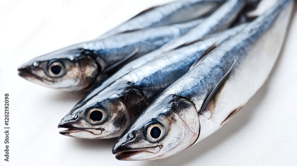 Aufkleber fresh sardines lined up against a white background with copy space for text placement.