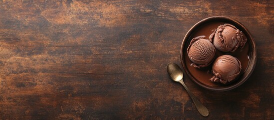 Bowl of three chocolate ice cream scoops on wooden background with spoon and copy space